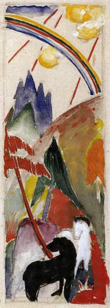 Black Horse and White Horse in a Mountain Landscape with a Rainbow 1911 | Oil Painting Reproduction