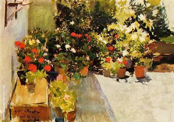 A Rooftop with Flowers by Joaquin Sorolla | Oil Painting Reproduction