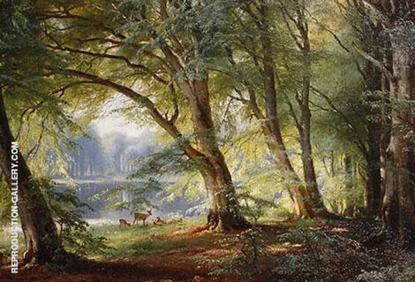 Deer Beside a Lake by Carl Frederik Aagaard | Oil Painting Reproduction