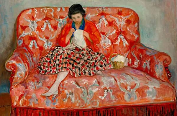 Girl Sewing on a Sofa (Jeune Fille Cous) | Oil Painting Reproduction