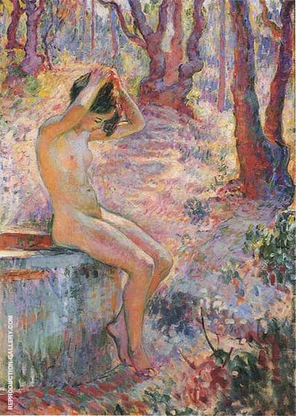 Young Girl By Fountain by Henri Lebasque | Oil Painting Reproduction