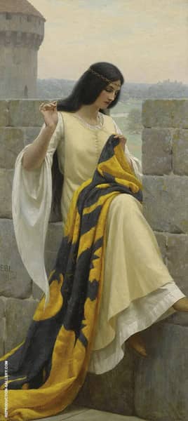 Stitching The Standard by Edmund Leighton | Oil Painting Reproduction