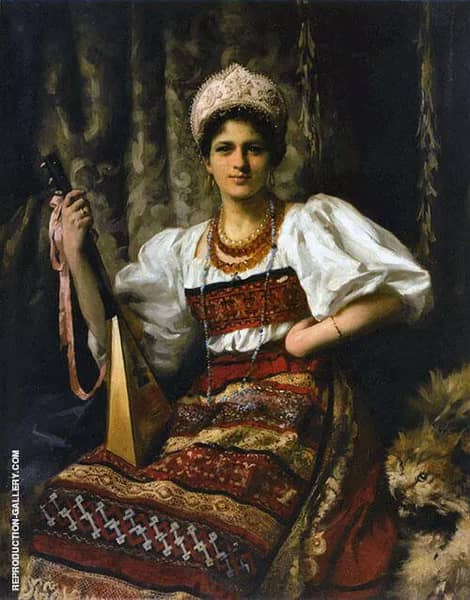 Portrait of The Artists Daughter Anne in Russian Costume Holding a Balilaika 1900 | Oil Painting Reproduction
