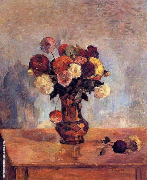 Dahlias in a Copper Vase 1885 by Paul Gauguin | Oil Painting Reproduction