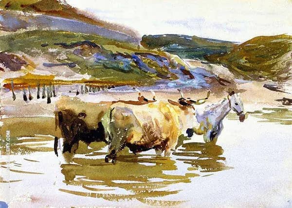 A Horse and Two Oxen at a Ford | Oil Painting Reproduction