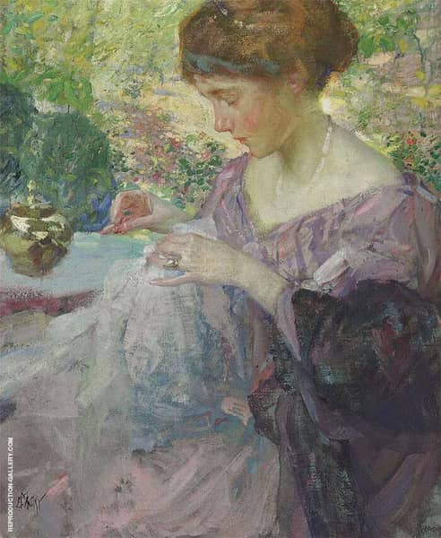 Young Woman Sewing by Richard Emil Miller | Oil Painting Reproduction