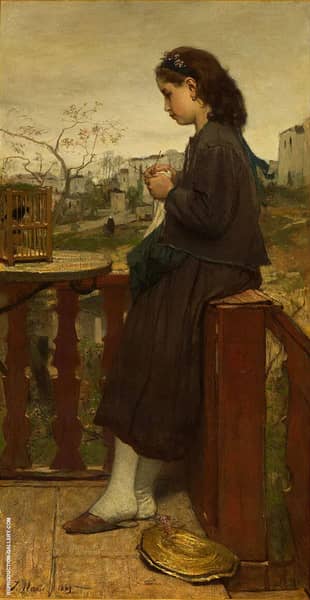 Girl Knitting on The Balcony Montmartre 1869 | Oil Painting Reproduction
