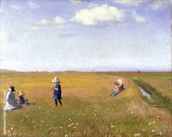Children and Young Girls Picking Flowers in a Field North of Skagen | Oil Painting Reproduction