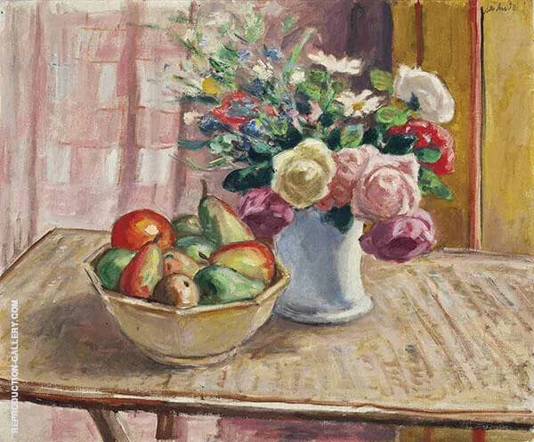 Flowers in a Vase with Fruit by Albert Andre | Oil Painting Reproduction
