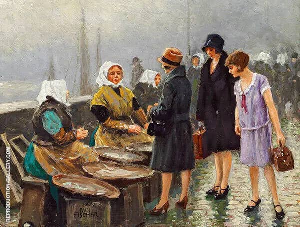 Three Young Ladies Buying Fresh Fish at Gammel Strand Copenhagen | Oil Painting Reproduction