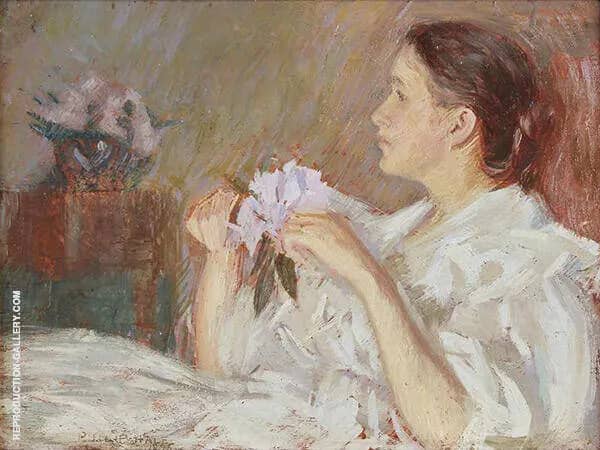 Lady in White Holding Lilacs | Oil Painting Reproduction