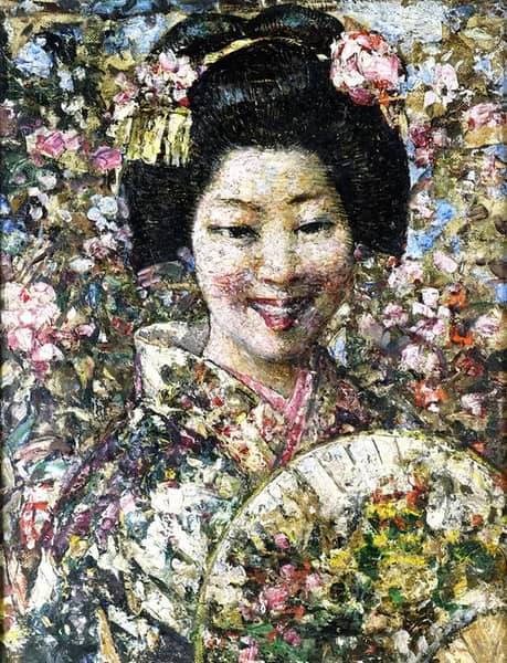A Smiling Geisha by Edward Atkinson Hornel | Oil Painting Reproduction