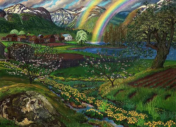 Marsh Marigolds and Double Rainbow | Oil Painting Reproduction