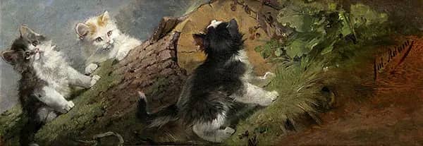 Three Kittens on The Tree Stump by Julius Adam | Oil Painting Reproduction
