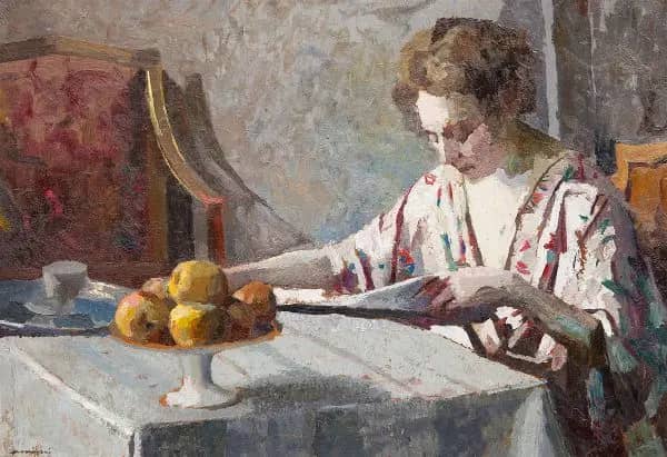 Lettura al Mattino 1930 by Giuseppe Amisani | Oil Painting Reproduction