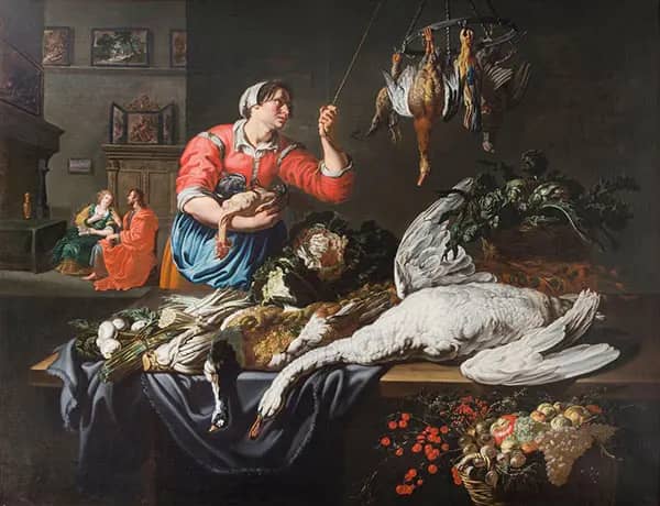 Kitchen Scene with Still Life of Game Fruit and Vegetables | Oil Painting Reproduction