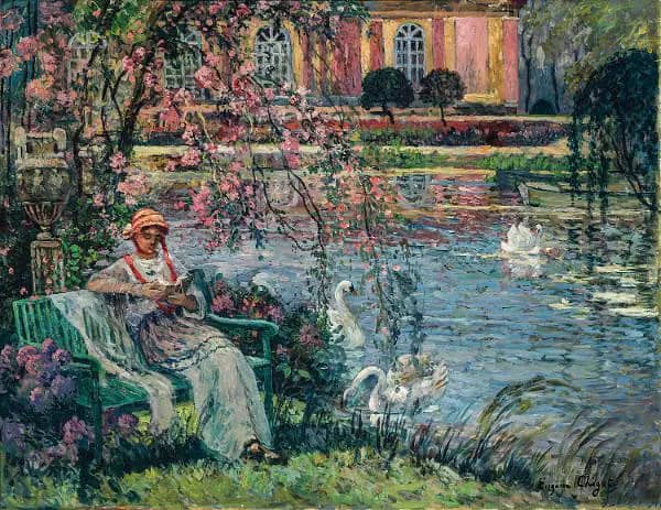 Young Woman by the Pond by Eugene Chigot | Oil Painting Reproduction