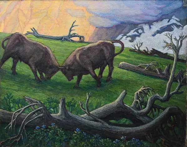 Fighting Bulls by Ludwig von Hofmann | Oil Painting Reproduction