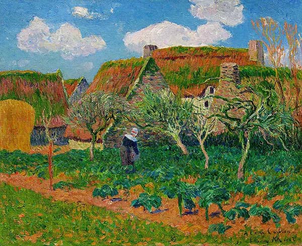 Breton Woman Gardening near Cottages | Oil Painting Reproduction