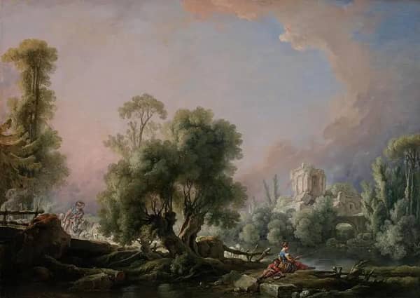 Idyllic Landscape with Woman Fishing | Oil Painting Reproduction