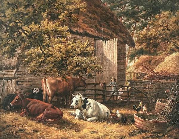A Farm Scene With Cattle and Chickens | Oil Painting Reproduction