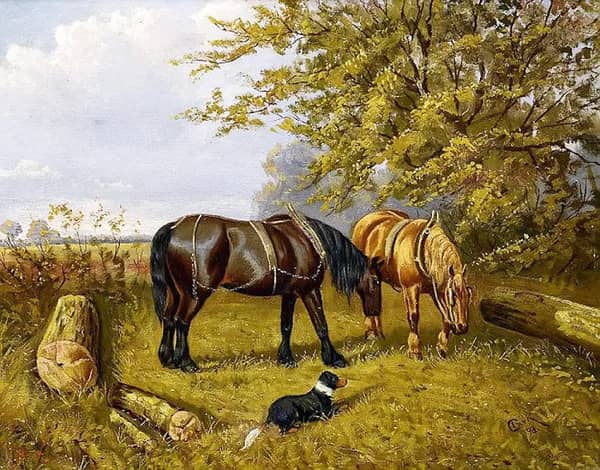 British Working Horses And Dog In A Rural Landscape | Oil Painting Reproduction