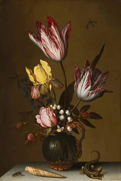Still Life with Variegated Tulips in a Vase and Lizard | Oil Painting Reproduction