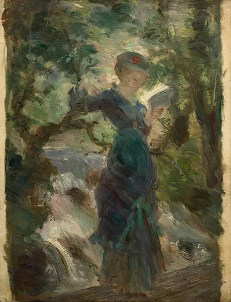 Young Woman Reading in the Shade of Trees in Front of a Waterfall | Oil Painting Reproduction