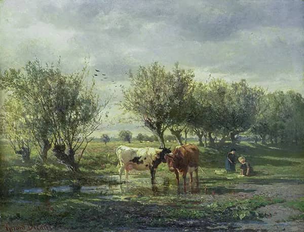 Cows at a Puddle by Gerard Bilders | Oil Painting Reproduction