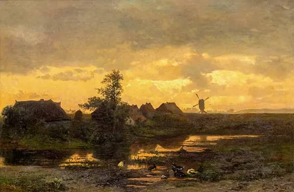 Sitting Ducks by a Pool Near Farmhouses at Sunset | Oil Painting Reproduction