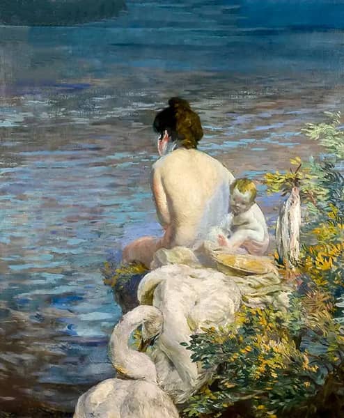 Bather with Child and Swan by the Sea | Oil Painting Reproduction