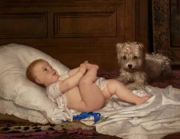Child on Cushion and Dog by Frans Verhas | Oil Painting Reproduction