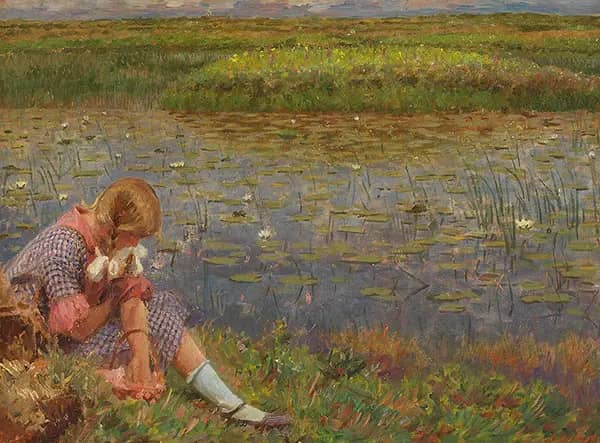 A Girl at a Pond by Laurits Tuxen | Oil Painting Reproduction
