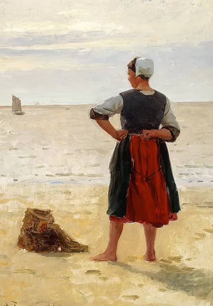Beach Scene from Brittany with a Young Fisherwoman Looking Out to Sea | Oil Painting Reproduction
