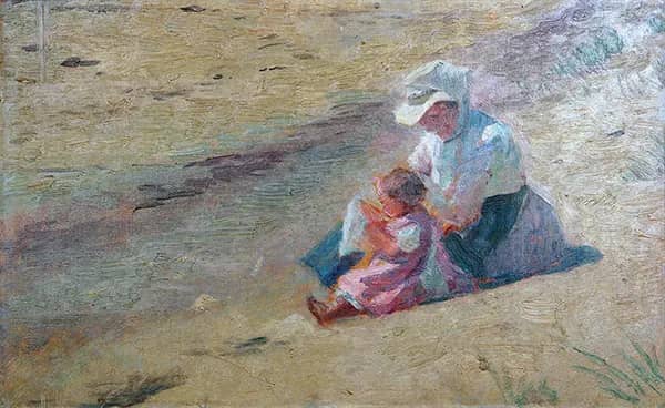 Frederikke Tuxen and Birthe Ursula on the Beach in Skagen | Oil Painting Reproduction