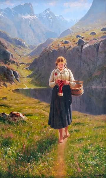 A Girl Knitting in a Norwegian Landscape | Oil Painting Reproduction