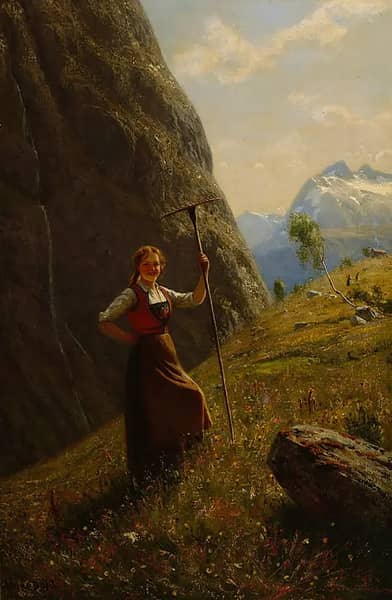 Dairymaid with Rake by Hans Dahl | Oil Painting Reproduction