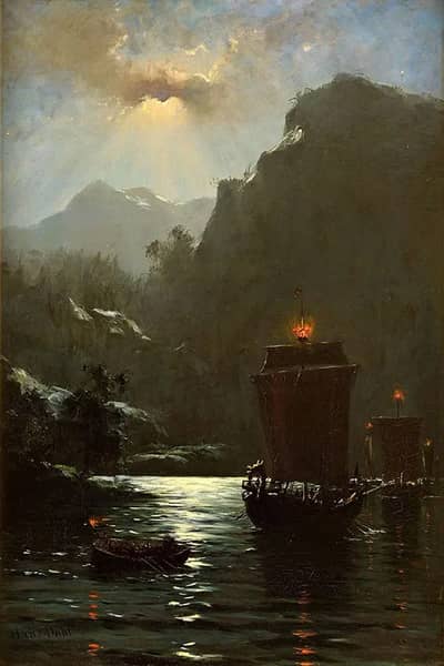 Fjord at Full Moon with Viking Ships | Oil Painting Reproduction