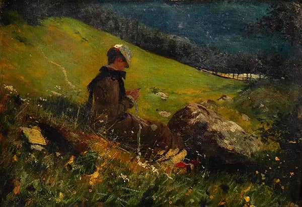 Girl in a Field Knitting 1879 by Hans Dahl | Oil Painting Reproduction