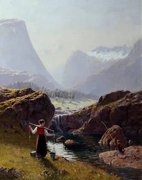 Girl with Buckets of Water and Boy Fishing | Oil Painting Reproduction