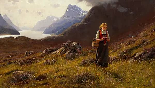 Knitting Dairymaid by Hans Dahl | Oil Painting Reproduction