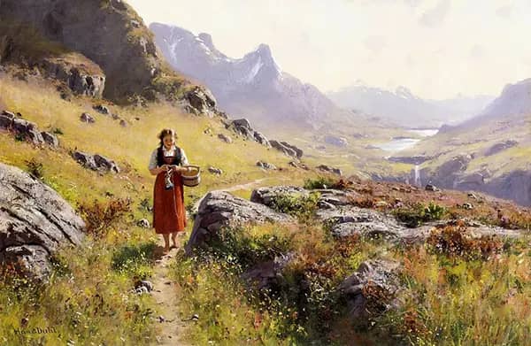 Knitting in a Norwegian Landscape by Hans Dahl | Oil Painting Reproduction