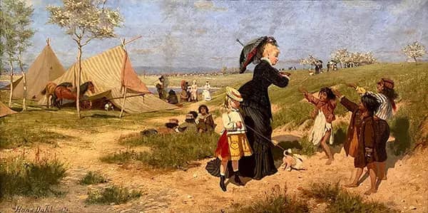 Lady with a Parasol and Girl with a Dog on a Leash at a Space Camp | Oil Painting Reproduction