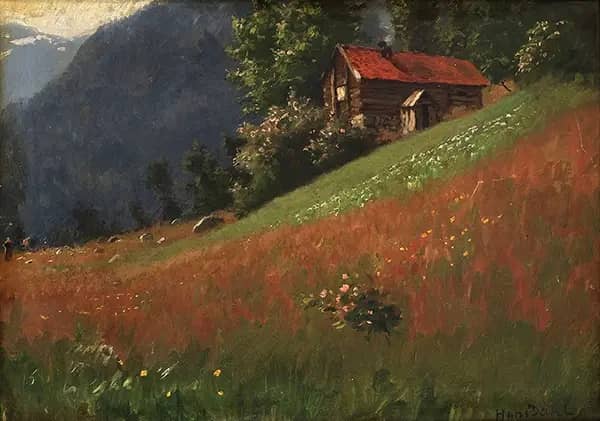 Landscape with Log Houses by Hans Dahl | Oil Painting Reproduction