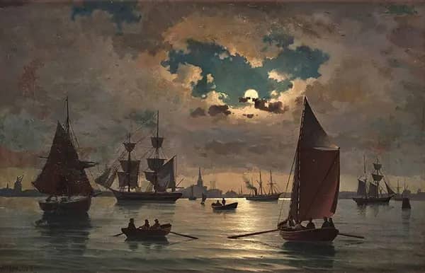 Moonlit Harbour 1857 by Hans Dahl | Oil Painting Reproduction