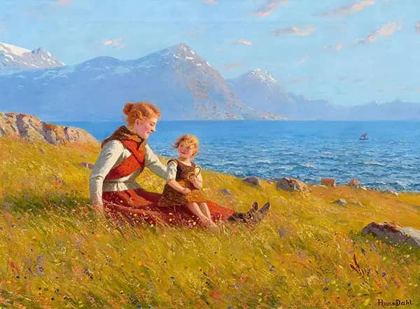 Mother and Child by the Sea by Hans Dahl | Oil Painting Reproduction