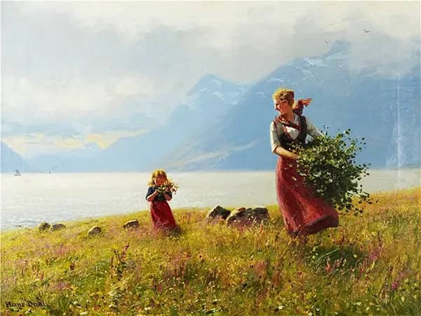 Summer Day Mother and Daughter in a Fjord Landscape | Oil Painting Reproduction