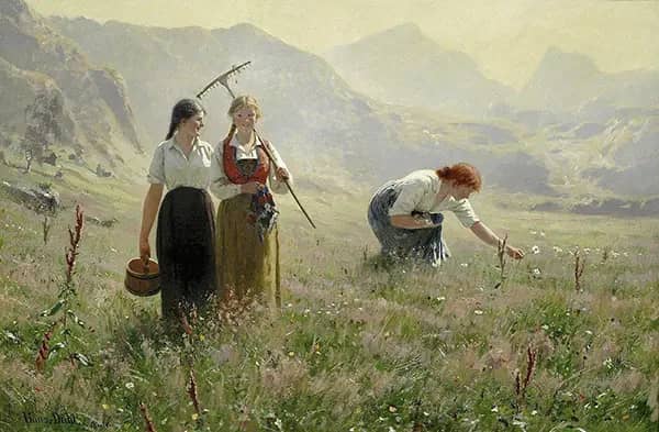 Three Girls in a Meadow by Hans Dahl | Oil Painting Reproduction