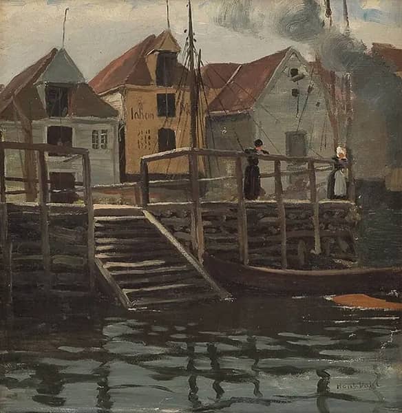 Two Women at Bergen Harbour Norway | Oil Painting Reproduction