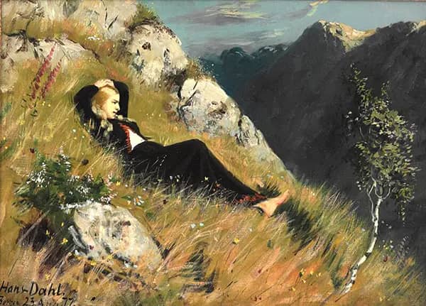 Woman in the Grass at Borgun by Hans Dahl | Oil Painting Reproduction